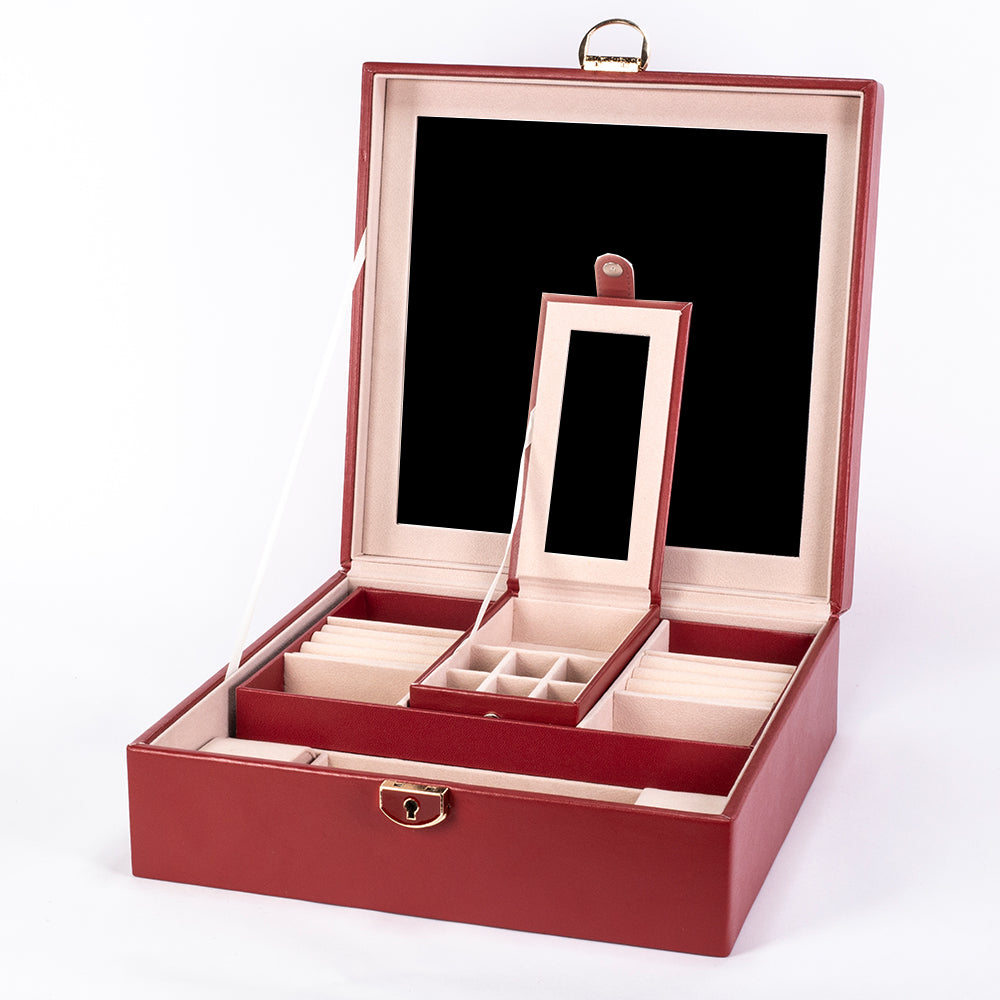 Jewelry Box, Size:25,3*25,3*8,5cm, Material: Inner(claimond veins) Outer(PU Leather); Color: red