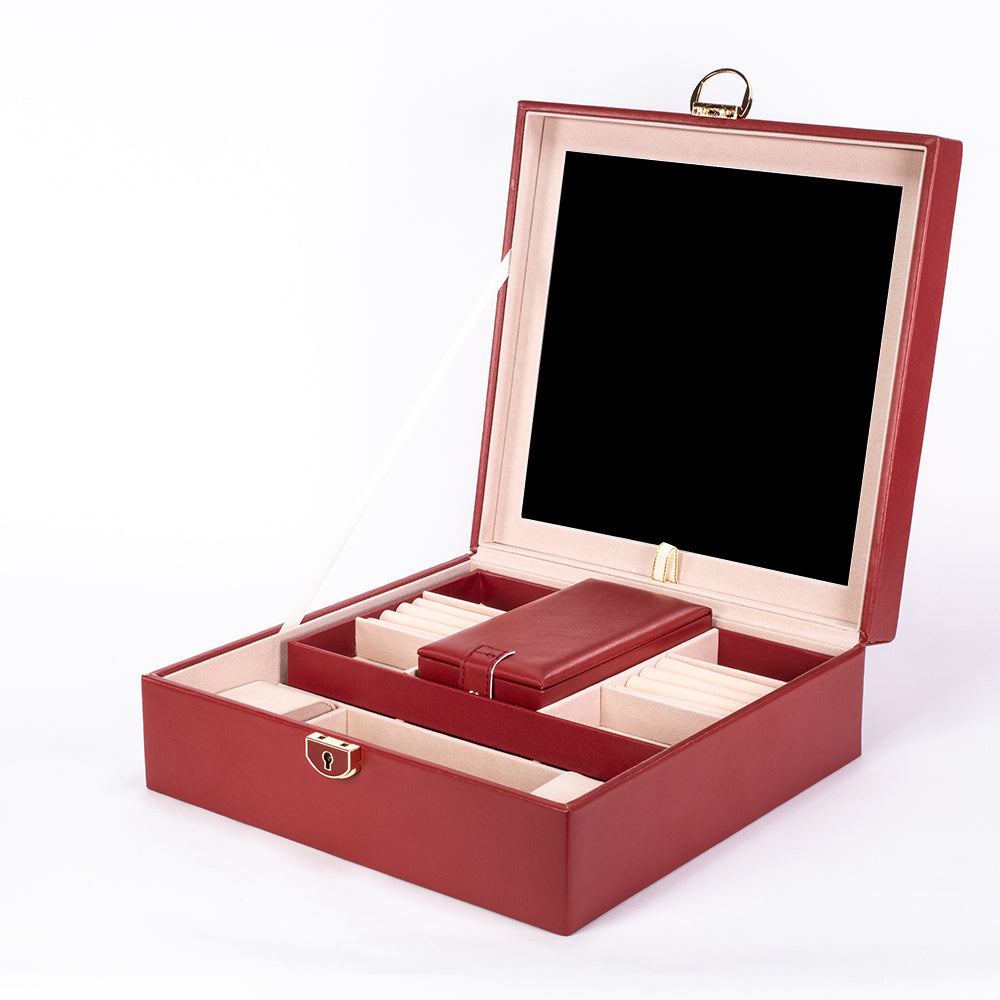 Jewelry Box, Size:25,3*25,3*8,5cm, Material: Inner(claimond veins) Outer(PU Leather); Color: red