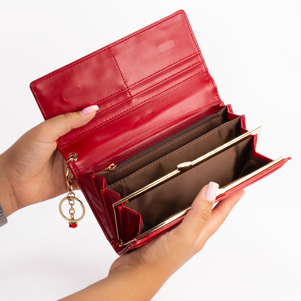 Női adatvédő pénztárca, kulcstartóval, piros és fekete színben 12 