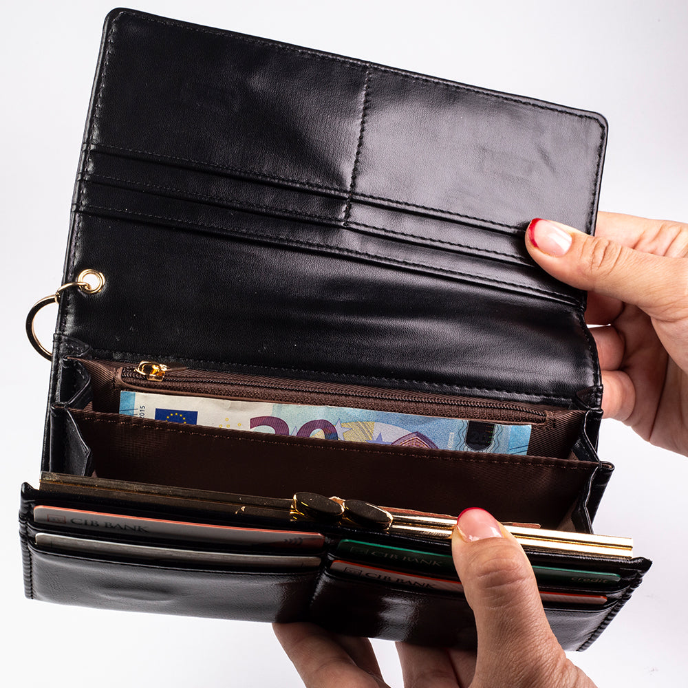 Női adatvédő pénztárca, kulcstartóval, piros és fekete színben 17 