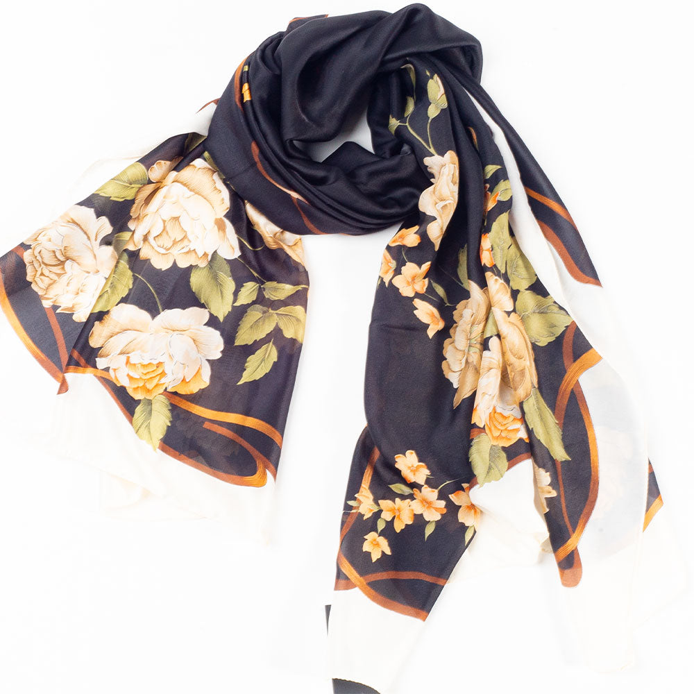 Vászon És Virágzás Sál, 85 X 180 Cm, Fekete, 100% Vegán Selyem 4 