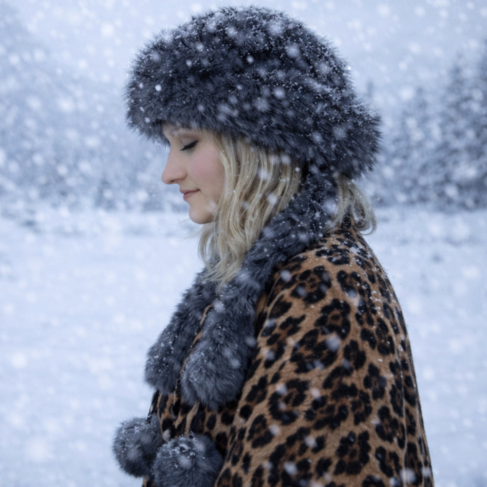 Ezüst műszőrme téli sapka sállal – egyméretes