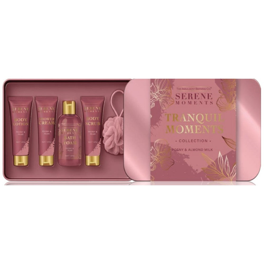 Serene Moments Tranquil Moments Collection: 50ml Shower Cream, 50ml Bath Foam, 50ml Shower Scrub, 50ml Body Lotion, Luxury shower puff, all in Keepsake Tin 1 