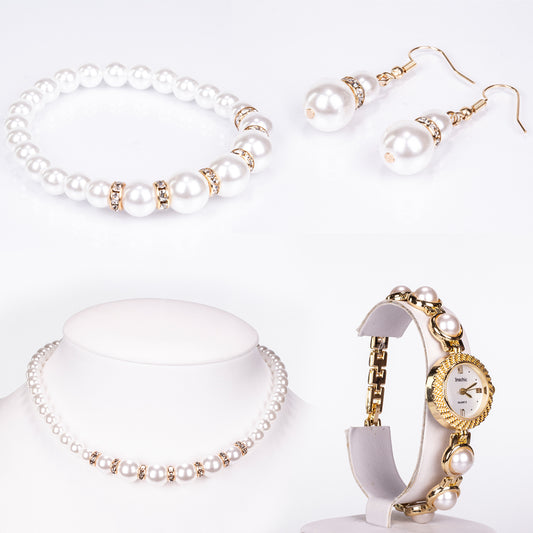 Arany tónusú Emporia Ötvözetű Óra Fehér Emporia® Kristállyal ( Nyaklánc+Fülbevaló+Karkötő )