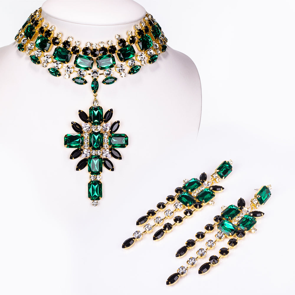 Arany tónusú Emporia Ötvözetű Szett Zöld Emporia® Kristállyal és Fehér Emporia® Kristállyal ( Nyaklánc+Fülbevaló ) 1 