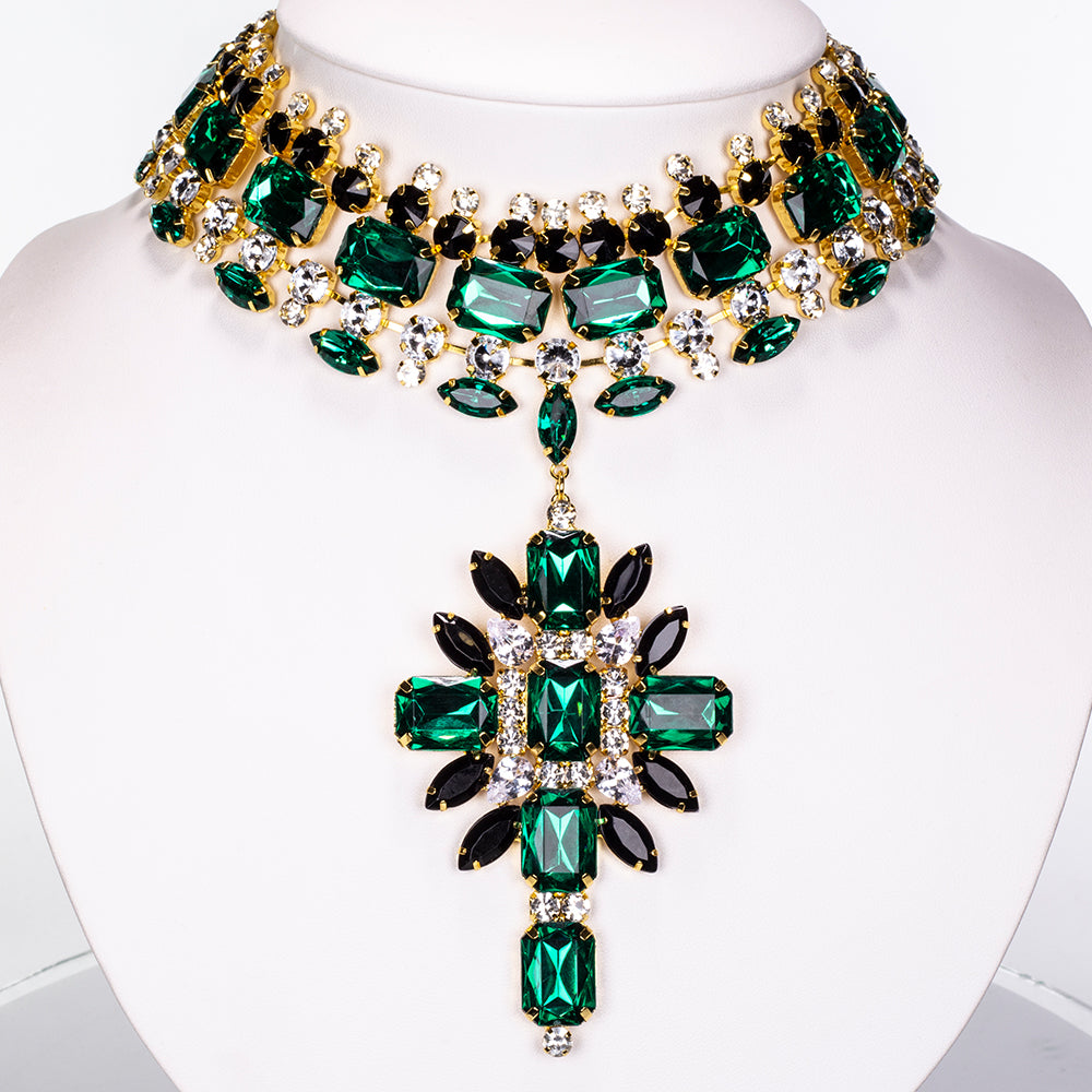 Arany tónusú Emporia Ötvözetű Szett Zöld Emporia® Kristállyal és Fehér Emporia® Kristállyal ( Nyaklánc+Fülbevaló ) 5 