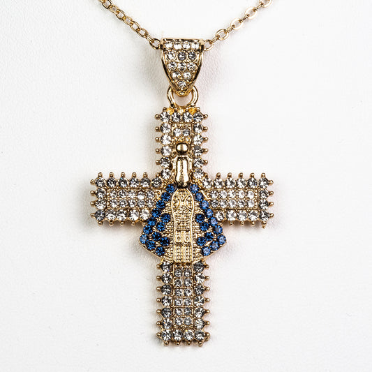 Kereszt Arany tónusú Emporia Ötvözetű Nyaklánc Kék Emporia® Kristállyal és Fehér Emporia® Kristállyal