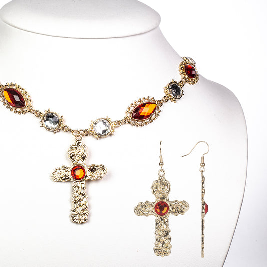 Kereszt Arany tónusú Emporia Ötvözetű Szett Vörös Emporia® Kristállyal és Fehér Emporia® Kristállyal ( Nyaklánc+Fülbevaló+Medál )