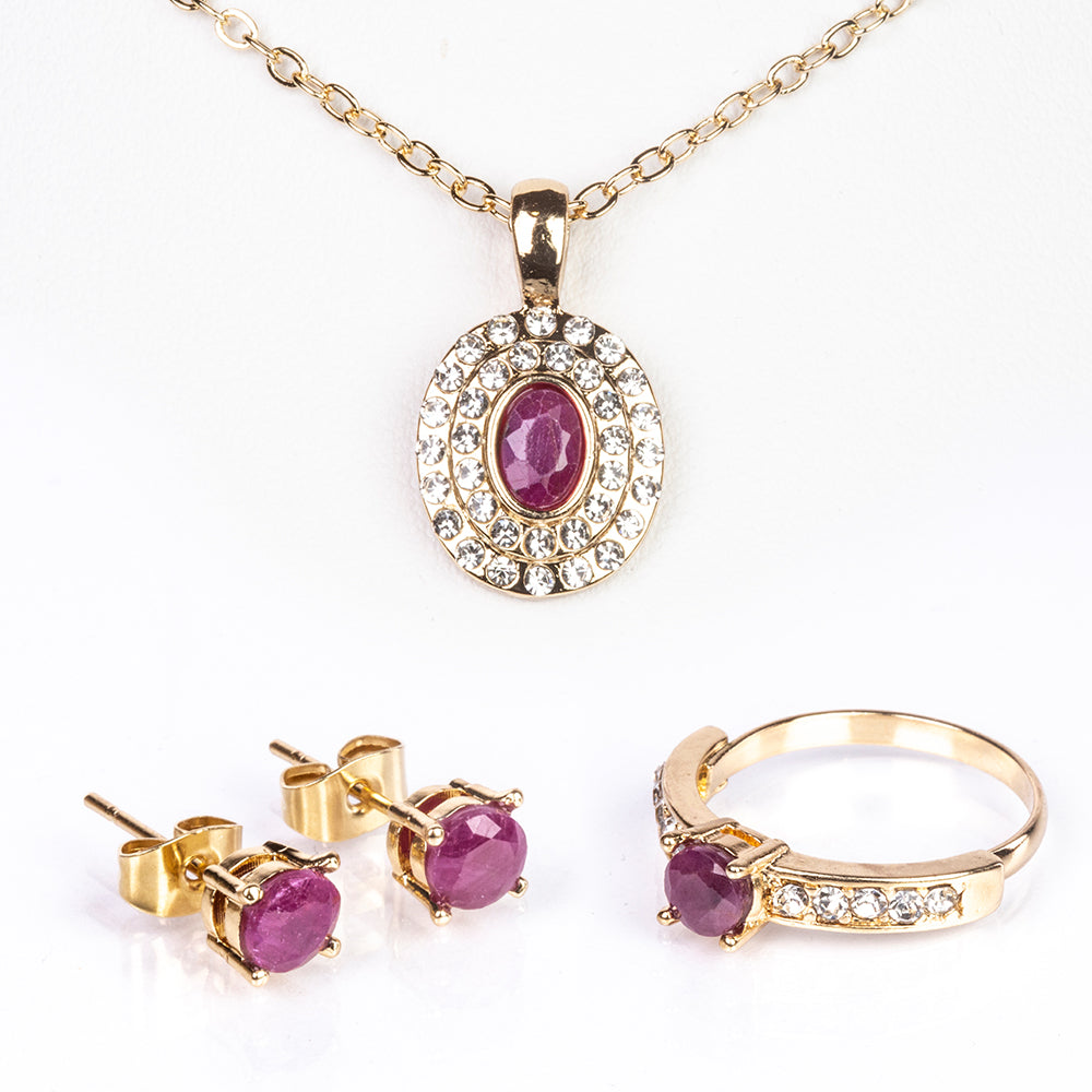 Arany tónusú Emporia Ötvözetű Szett Rubinnal és Fehér Emporia® Kristállyal ( Nyaklánc+Fülbevaló+Gyűrű+Medál ) 1 