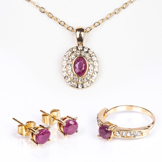Arany tónusú Emporia Ötvözetű Szett Rubinnal és Fehér Emporia® Kristállyal ( Nyaklánc+Fülbevaló+Gyűrű+Medál )