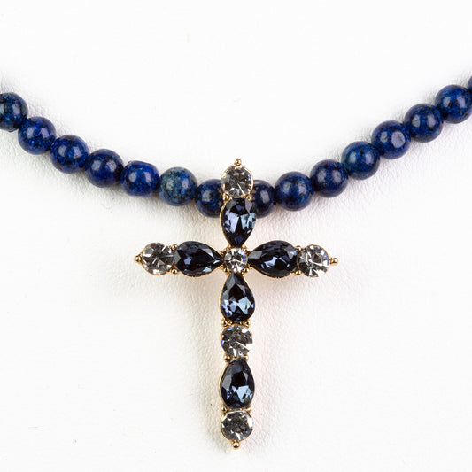 Kereszt Arany tónusú Emporia Ötvözetű Nyaklánc Lapisz Lazulival és Kék Emporia® Kristállyal ( Nyaklánc+Medál )