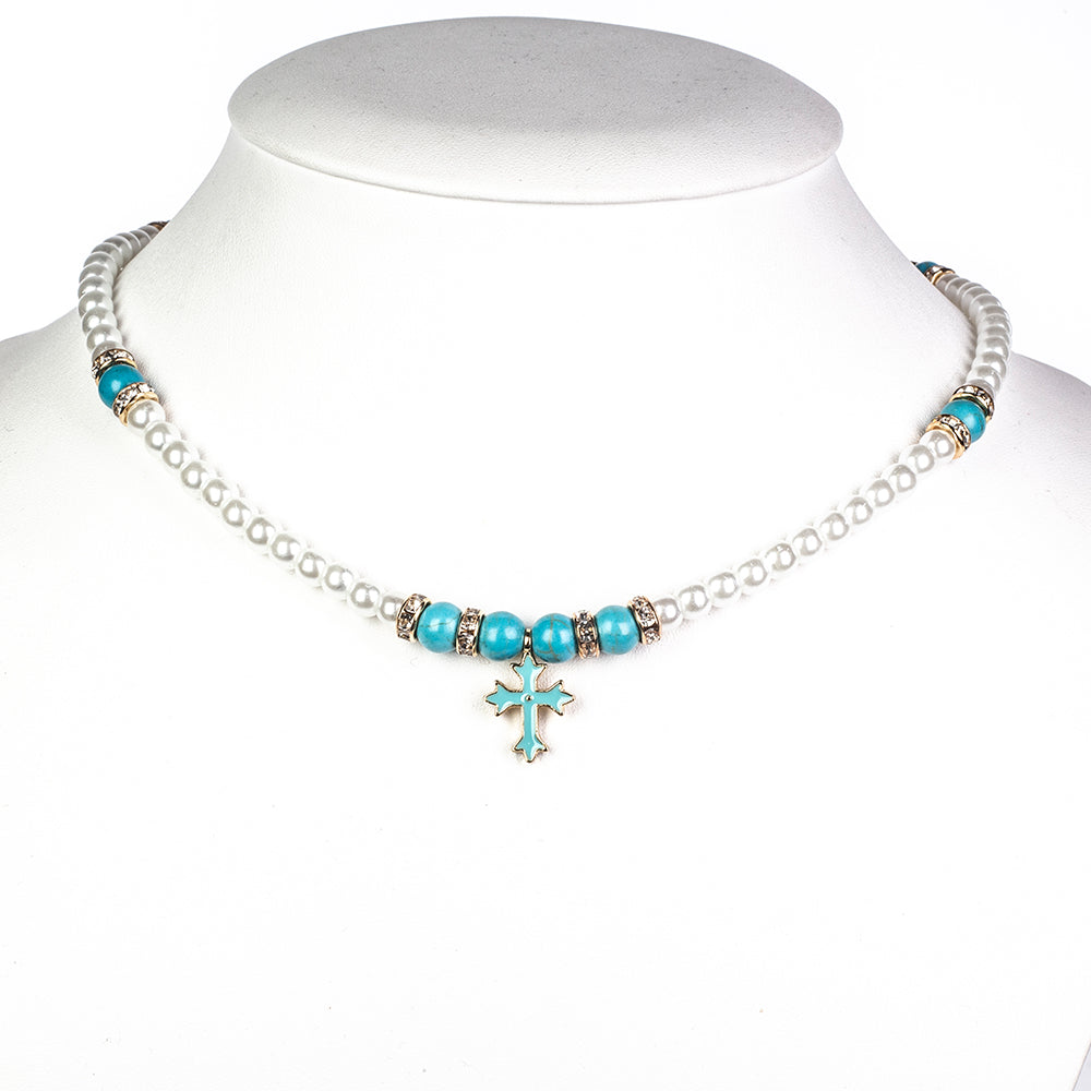 Kereszt Gyöngy Nyaklánc Türkizzel ( Nyaklánc+Medál )