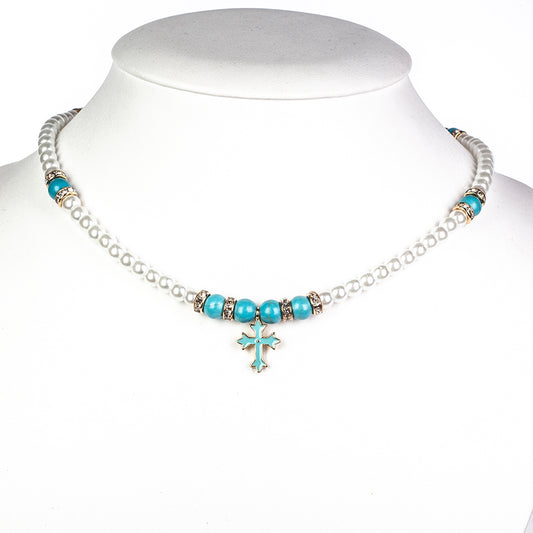 Kereszt Gyöngy Nyaklánc Türkizzel ( Nyaklánc+Medál )