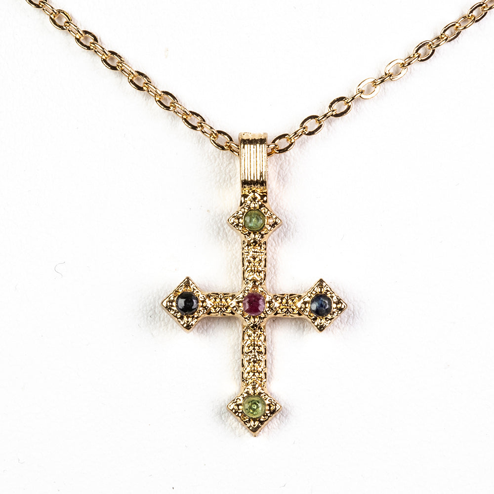Kereszt Arany tónusú Emporia Ötvözetű Nyaklánc Burmai Rubinnal és Brazil Smaragddal ( Nyaklánc+Medál )