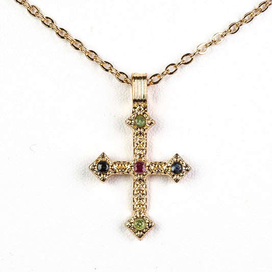 Kereszt Arany tónusú Emporia Ötvözetű Nyaklánc Burmai Rubinnal és Brazil Smaragddal ( Nyaklánc+Medál )