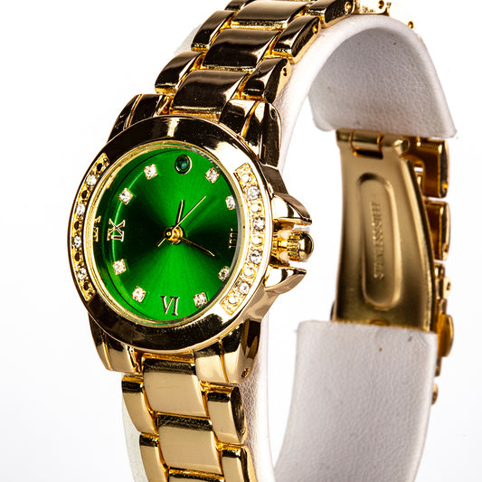 Arany tónusú Emporia Ötvözetű Óra Smaragddal és Fehér Emporia® Kristállyal ( Nyaklánc+Fülbevaló+Medál )