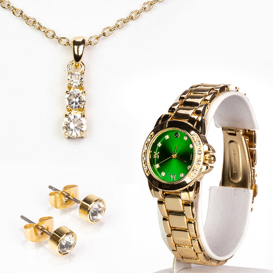 Arany tónusú Emporia Ötvözetű Óra Smaragddal és Fehér Emporia® Kristállyal ( Nyaklánc+Fülbevaló+Medál )