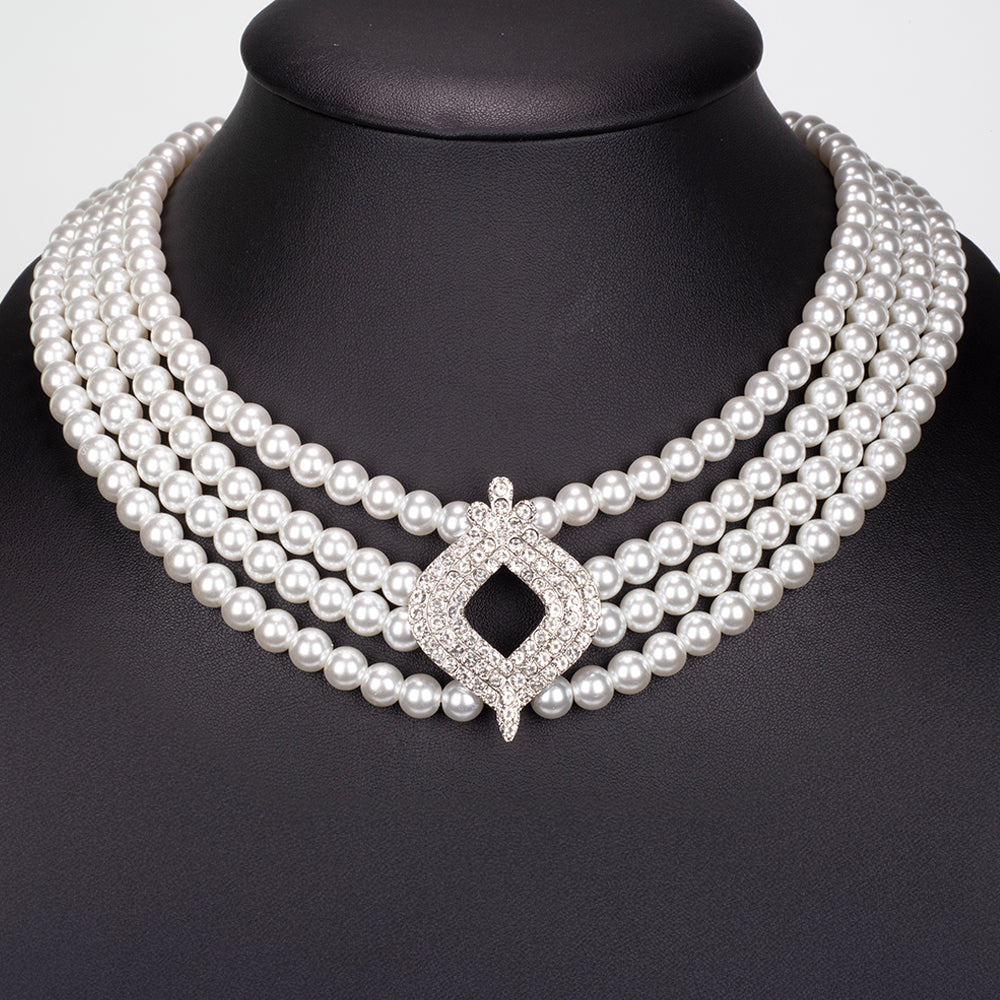 Arany tónusú Emporia Ötvözetű Szett Üveggyönggyel és Fehér Emporia® Kristállyal ( Nyaklánc+Fülbevaló ) 4 