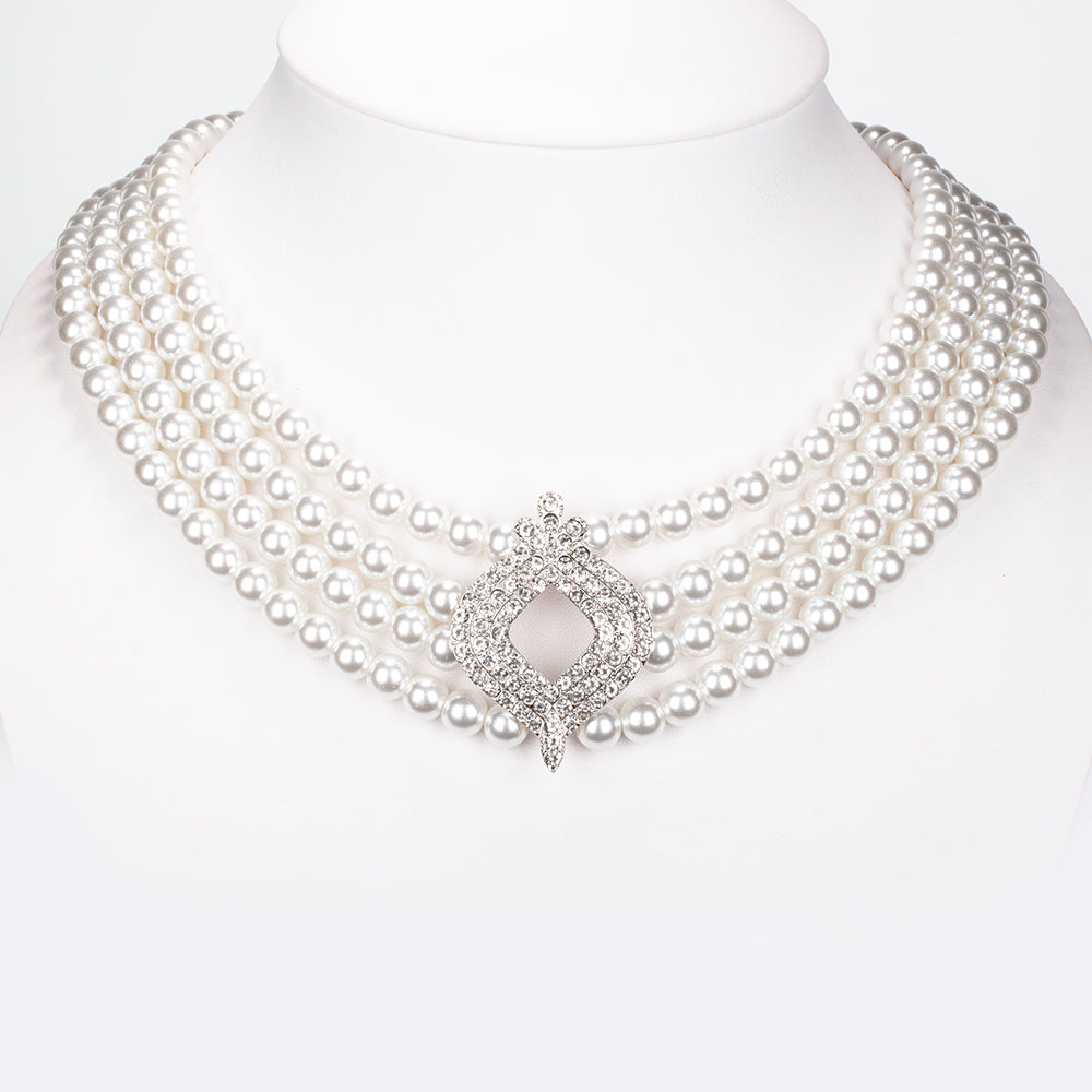 Arany tónusú Emporia Ötvözetű Szett Üveggyönggyel és Fehér Emporia® Kristállyal ( Nyaklánc+Fülbevaló )