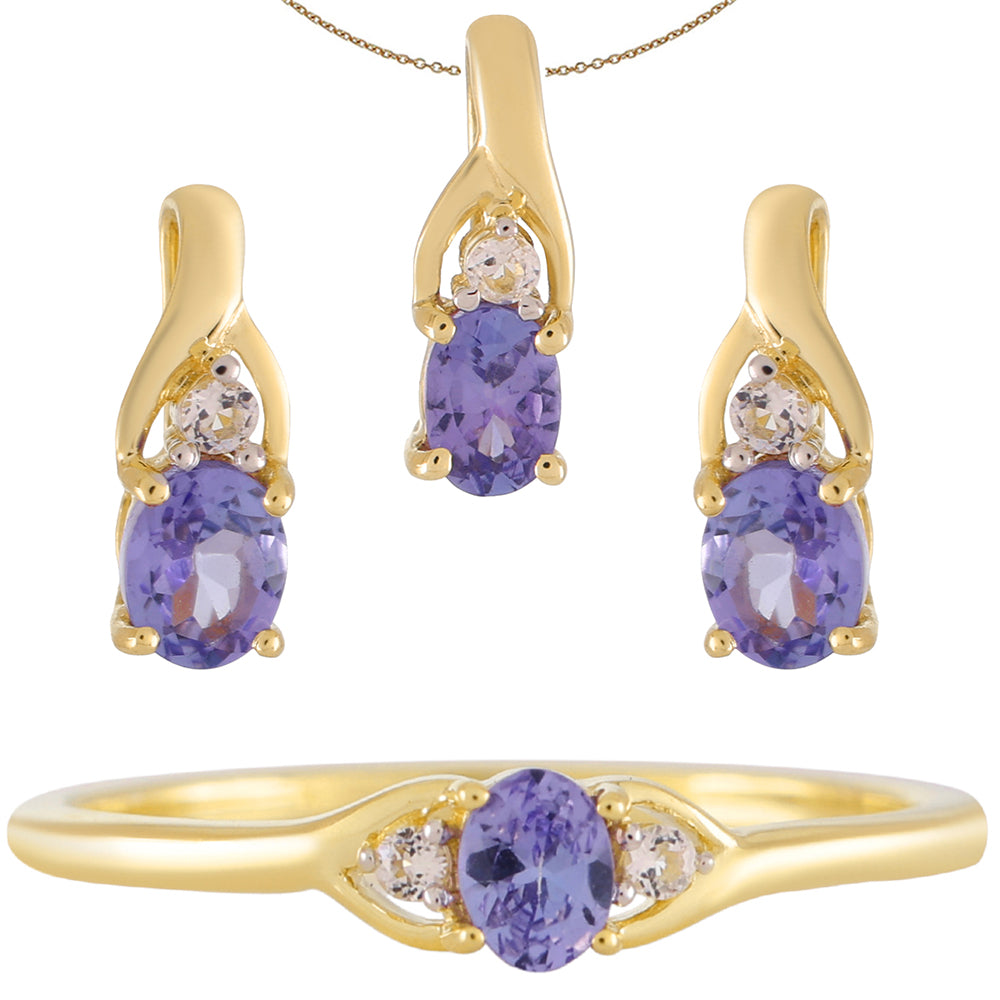 9 Karátos Arany Szett "AAA" Osztályú Tanzanittal és Fehér Topázzal ( Fülbevaló+Gyűrű+Medál )