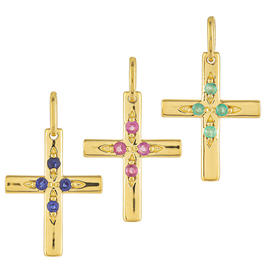 Kereszt Arannyal Bevont Ezüst Szett Thai Rubinnal és Brazil Smaragddal ( Medál )