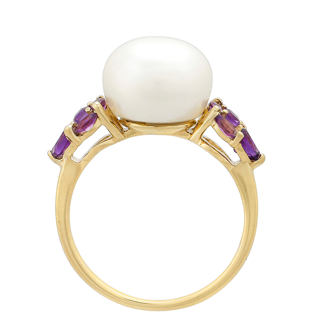 9 Karátos Arany Gyűrű Ametiszttel és Fehér Édesvízi Kagylógyönggyel 4 