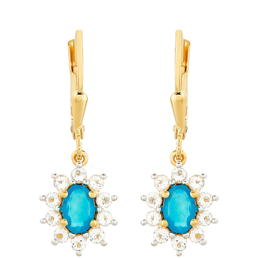 Arannyal Bevont Ezüst Fülbevaló Etiópiai Paraiba Kék Opállal és Fehér Topázzal