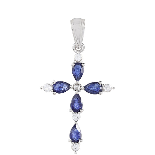 Kereszt Ezüst Medál Thai Zafírral és Fehér Topázzal