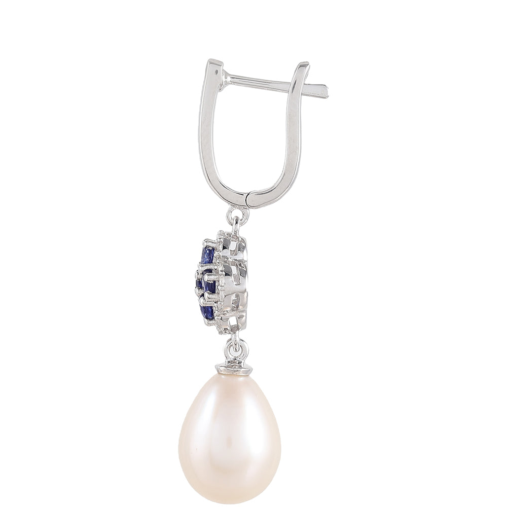 Ezüst Fülbevaló Thai Zafírral és Fehér Édesvízi Kagylógyönggyel