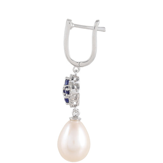 Ezüst Fülbevaló Thai Zafírral és Fehér Édesvízi Kagylógyönggyel