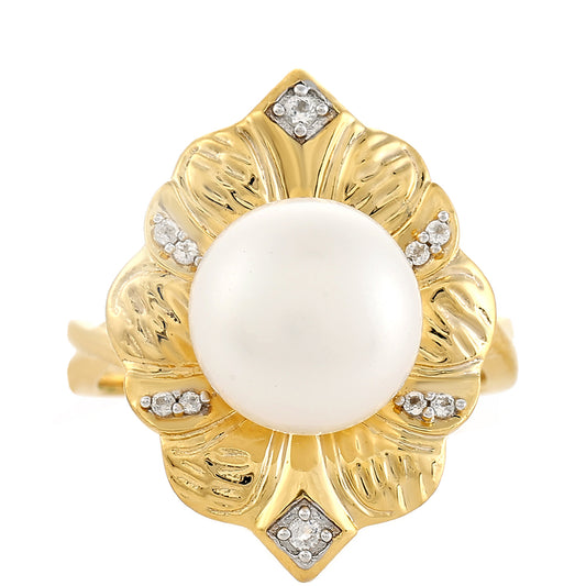 Arannyal Bevont Ezüst Gyűrű Barokk Édesvízi Tenyésztett Gyönggyel és Fehér Topázzal
