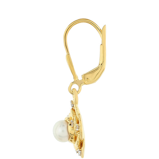 Arannyal Bevont Ezüst Fülbevaló Barokk Édesvízi Tenyésztett Gyönggyel és Fehér Topázzal