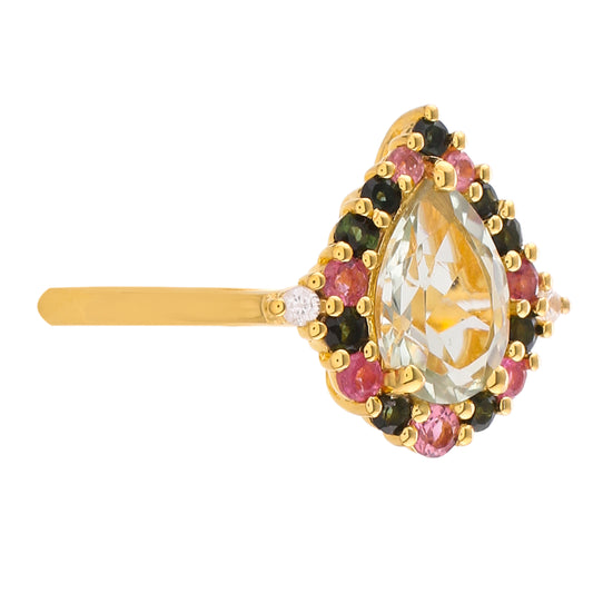 Arannyal Bevont Ezüst Gyűrű Zöld Ametiszttel és Rózsaszínű Turmalinnal