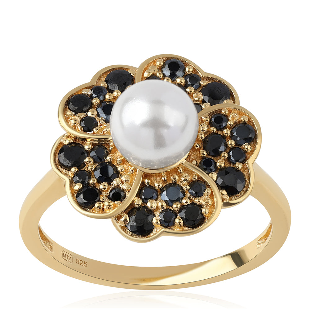 Arannyal Bevont Ezüst Gyűrű Fekete Spinellel és Fehér Édesvízi Kagylógyönggyel