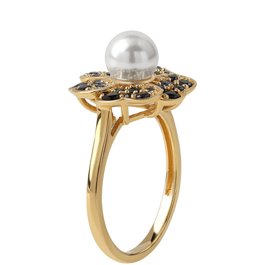 Arannyal Bevont Ezüst Gyűrű Fekete Spinellel és Fehér Édesvízi Kagylógyönggyel