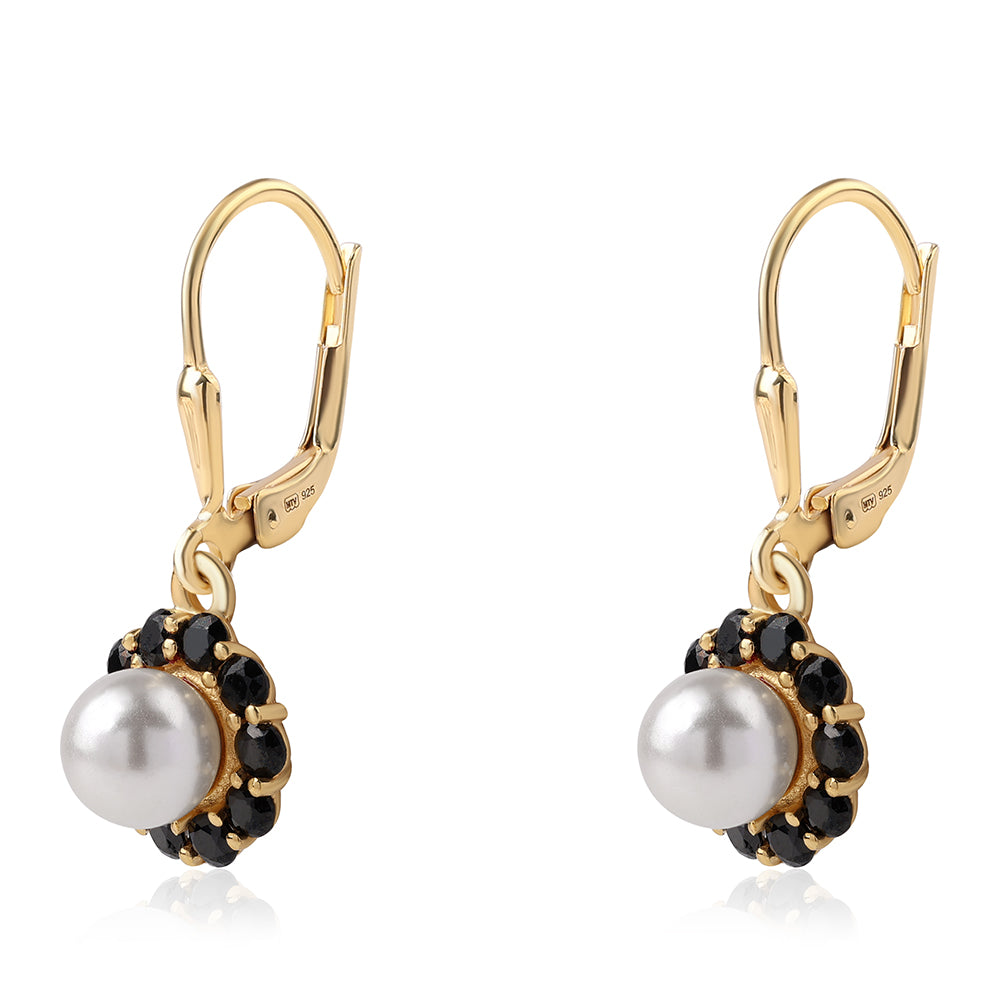 Arannyal Bevont Ezüst Fülbevaló Fekete Spinellel és Fehér Édesvízi Kagylógyönggyel 1 