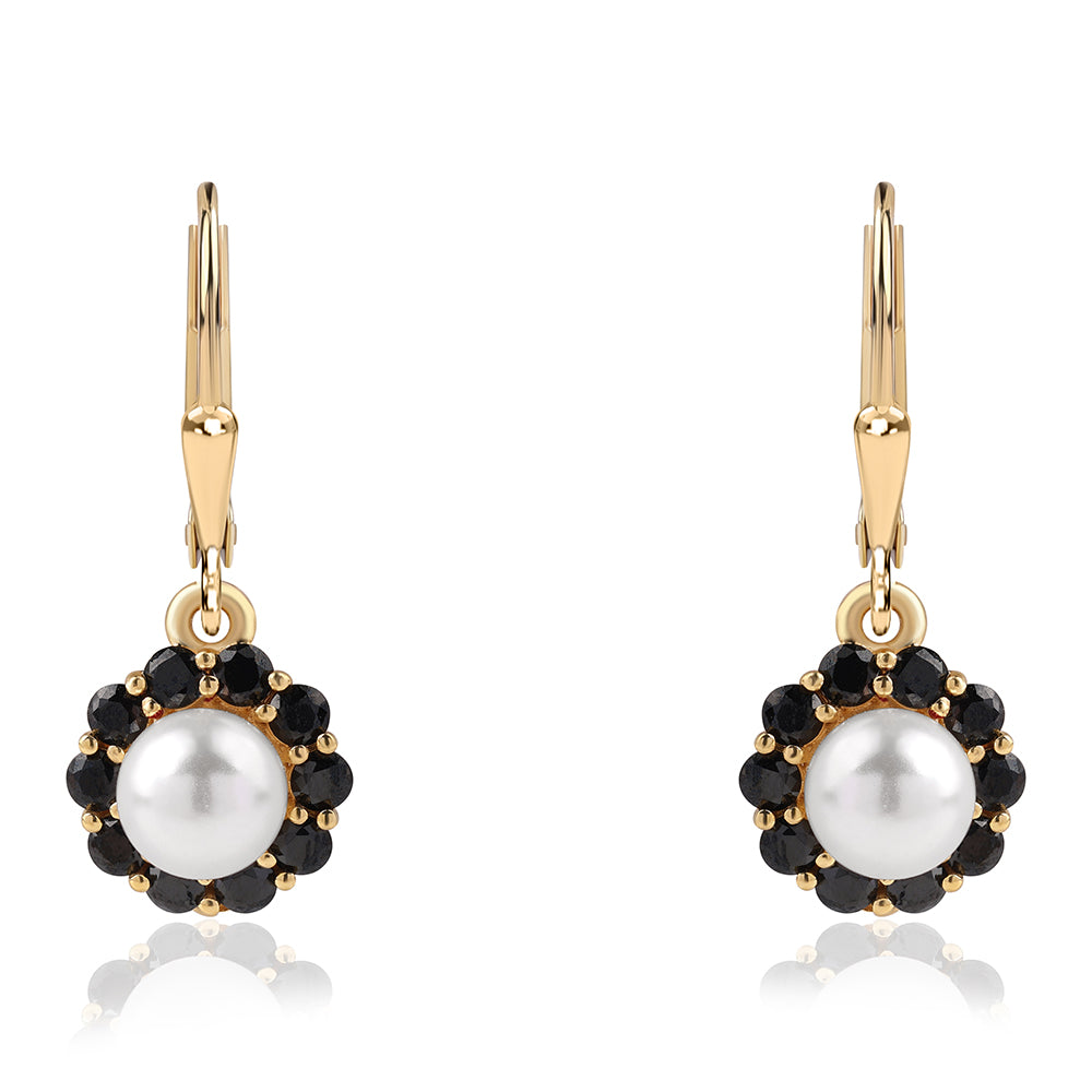 Arannyal Bevont Ezüst Fülbevaló Fekete Spinellel és Fehér Édesvízi Kagylógyönggyel