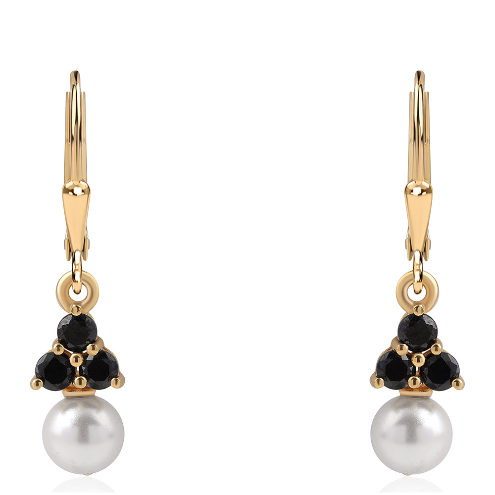 Arannyal Bevont Ezüst Fülbevaló Fekete Spinellel és Fehér Édesvízi Kagylógyönggyel