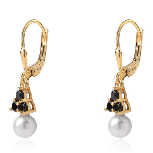 Arannyal Bevont Ezüst Fülbevaló Fekete Spinellel és Fehér Édesvízi Kagylógyönggyel