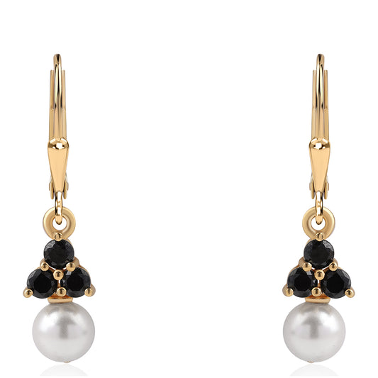 Arannyal Bevont Ezüst Fülbevaló Fekete Spinellel és Fehér Édesvízi Kagylógyönggyel