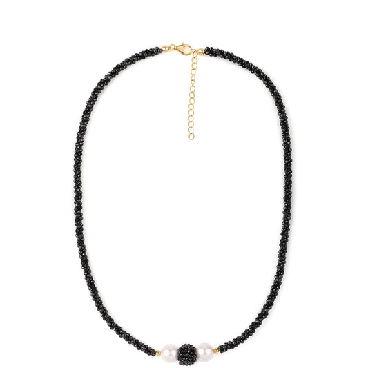 Arannyal Bevont Ezüst Nyaklánc Fekete Spinellel és Fehér Édesvízi Kagylógyönggyel