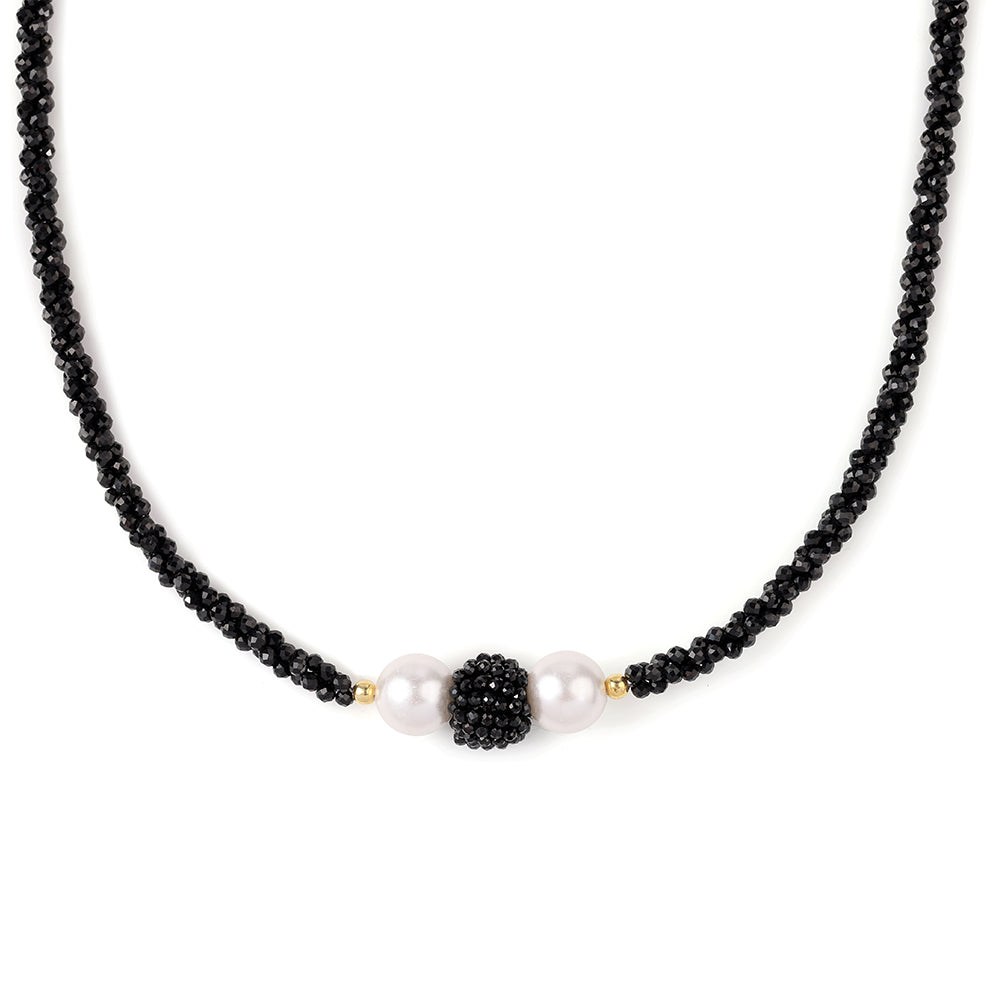 Arannyal Bevont Ezüst Nyaklánc Fekete Spinellel és Fehér Édesvízi Kagylógyönggyel 3 