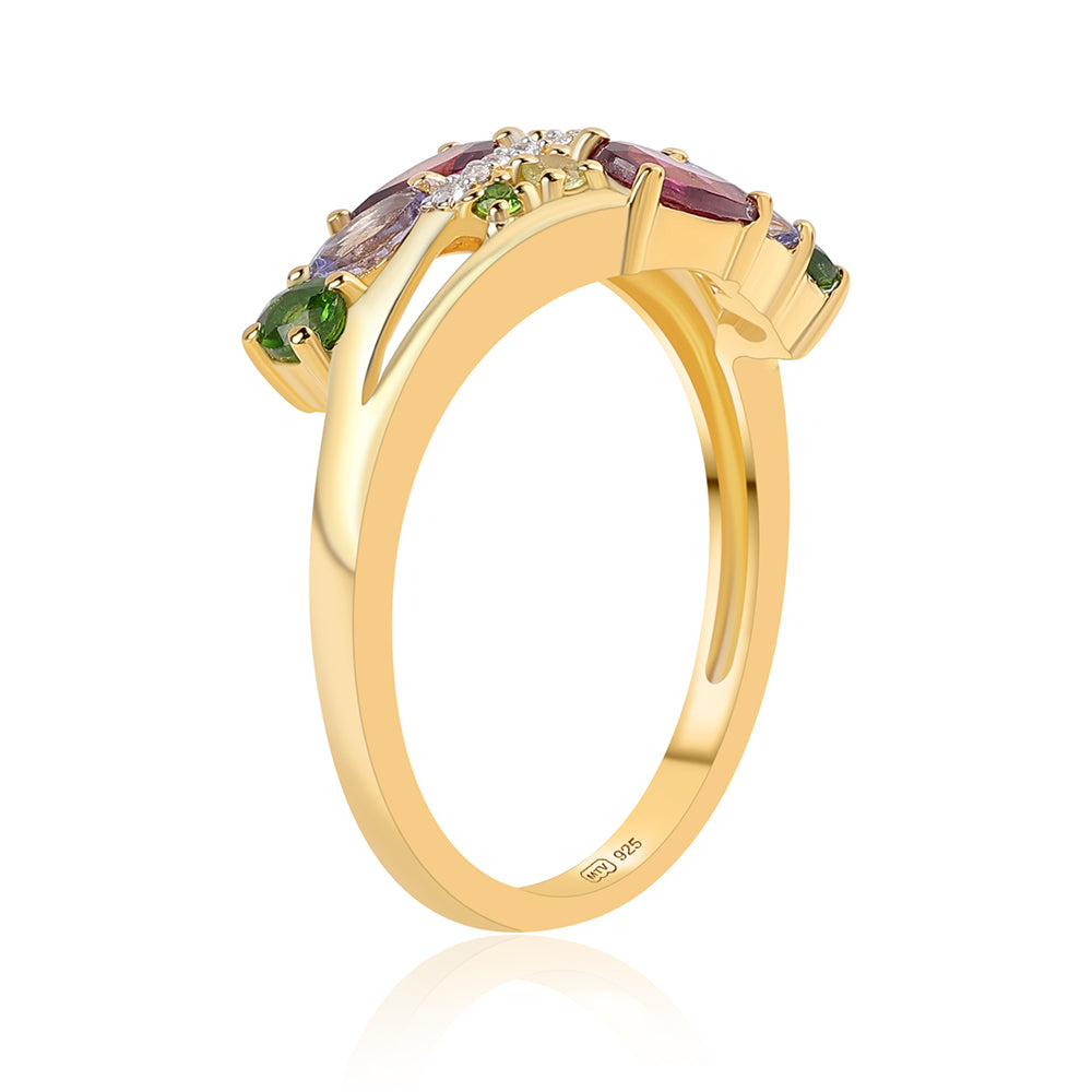 Arannyal Bevont Ezüst Gyűrű Rhodolit Gránáttal és Tanzanittal