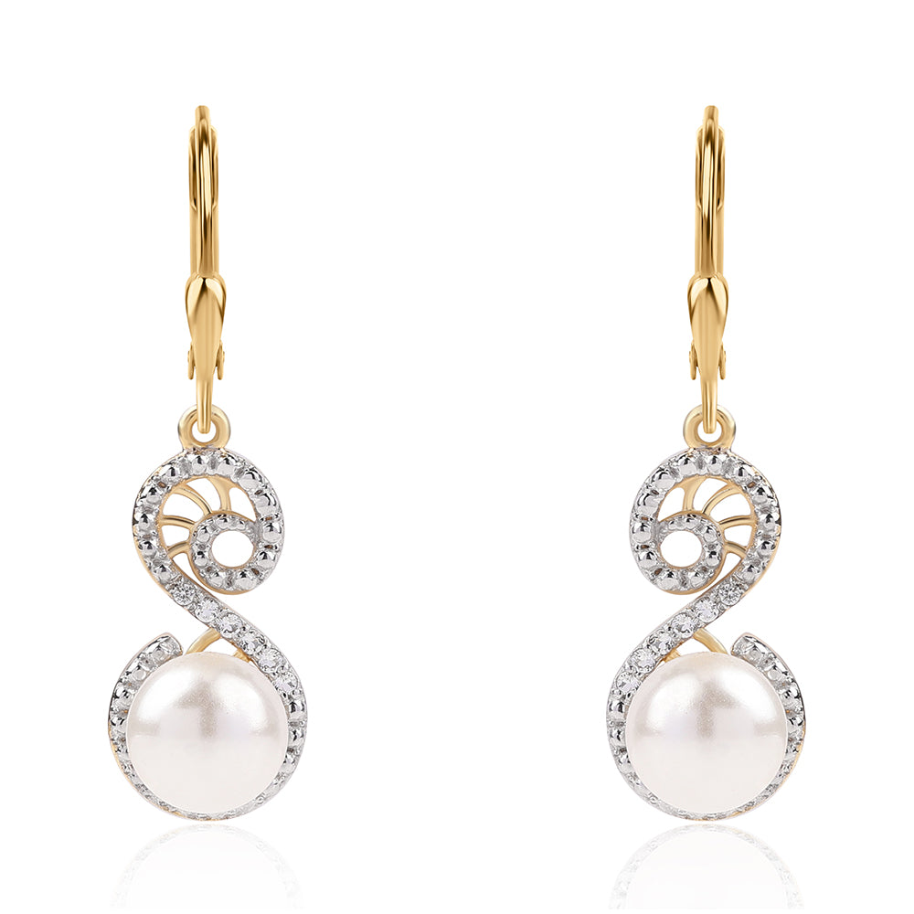 Arannyal Bevont Ezüst Fülbevaló Fehér Édesvízi Kagylógyönggyel és Fehér Topázzal