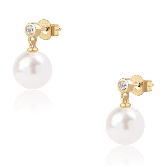 Arannyal Bevont Ezüst Fülbevaló Fehér Édesvízi Kagylógyönggyel és Fehér Topázzal