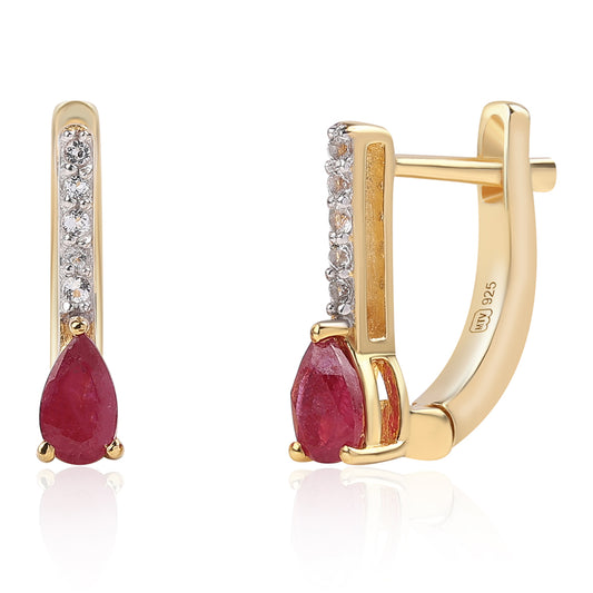 Arannyal Bevont Ezüst Fülbevaló Mozambiquei Rubinnal és Fehér Topázzal