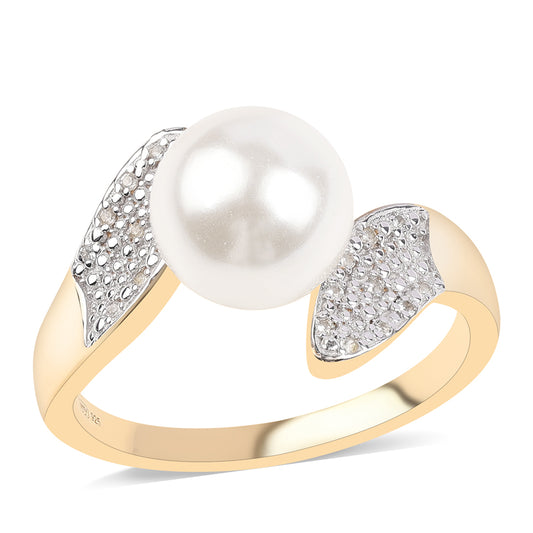 Arannyal Bevont Ezüst Gyűrű Fehér Édesvízi Kagylógyönggyel és Fehér Topázzal