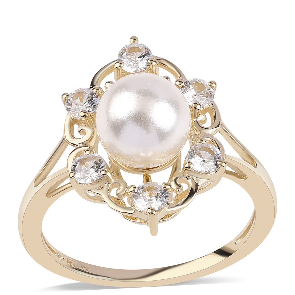9 Karátos Arany Gyűrű Fehér Édesvízi Kagylógyönggyel és Fehér Cirkónnal 1 