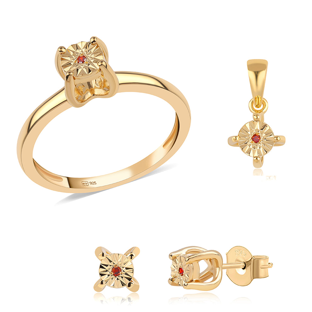 Arannyal Bevont Ezüst Szett Vörös Gyémánttal ( Fülbevaló+Gyűrű+Medál ) 1 
