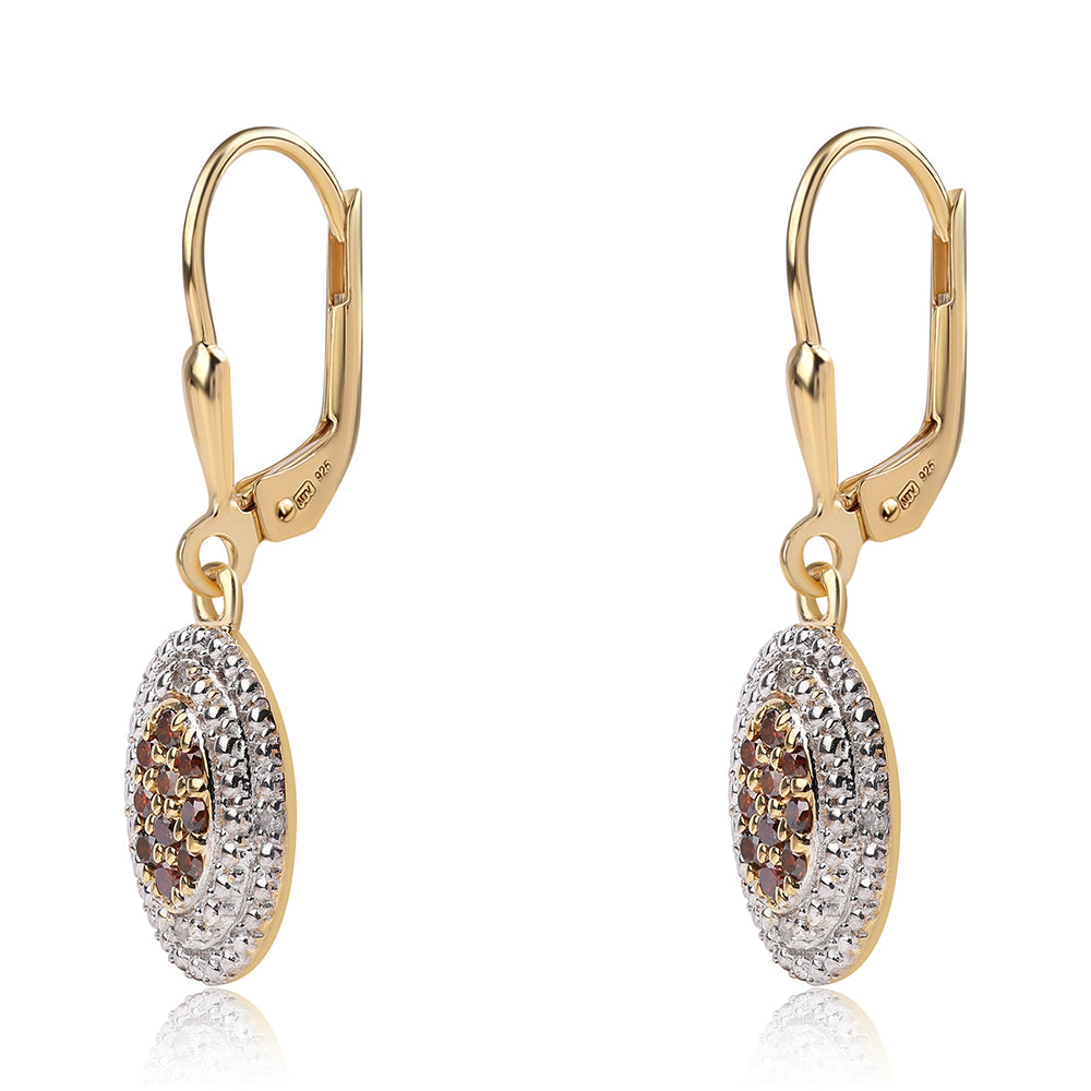 Arannyal Bevont Ezüst Fülbevaló Vörös Gyémánttal és Fehér Gyémánttal